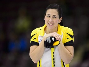 Manitoba second Jill Officer smiles while taking on B.C. at the Scotties Tournament of Hearts in Penticton, B.C., on Thursday, Feb. 1, 2018. (THE CANADIAN PRESS/Sean Kilpatrick)