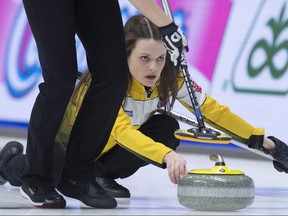 Manitoba skip Tracy Fleury releases a rock as they play British Columbia at the Scotties Tournament of Hearts at Centre 200 in Sydney, N.S. on Sunday, Feb. 17, 2019. THE CANADIAN PRESS/Andrew Vaughan