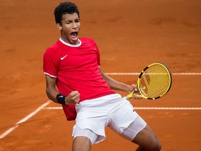Canada's Felix Auger-Aliassime celebrates his victory against Slovakia's Norbert Gombos during the Davis Cup qualifiers tennis match Slovakia vs Canada in Bratislava on Feb. 2, 2019.