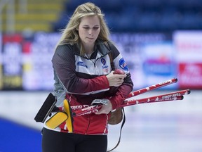 Team Canada skip Jennifer Jones heads from the ice after losing to Northern Ontario in championship pool action at the Scotties Tournament of Hearts in Sydney, N.S. on Friday, Feb. 22, 2019.