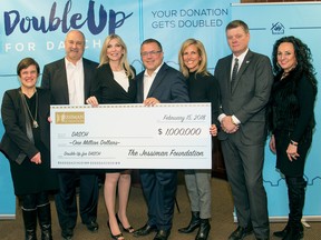 The Jessiman Foundation presents DASCH with a $1 million cheque. (From left to right) Nancy Jessiman, Don Streuber, Karen Fonseth, Peter Jessiman, Dana Jessiman, Glen MacAngus and Daria Zmiyiwsky.
