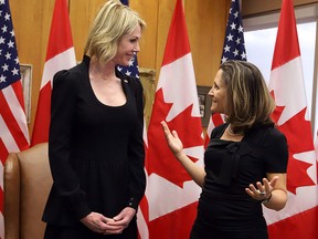 United States Ambassador to Canada Kelly Craft, left, meets with Canadian Foreign Affairs Minister Chrystia Freeland in Ottawa, Monday, October 23, 2017. (THE CANADIAN PRESS/Fred Chartrand)