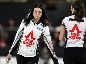 Skip Kerri Einarson reacts after a miss late in the provincial Scotties Tournament of Hearts curling final in Gimli, Man., on Sunday, Jan. 27, 2019. (Kevin King/Winnipeg Sun)