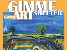 Poster for the Gimme Shelter Gimme Art Siloam Mission Art and Exhibition which will be held Friday, march 1 from 6:30-9:30 p.m., at Creative Manitoba, fourth floor 245 McDermot Ave., in Winnipeg. Part of First Fridays in the Exchange, the show will feature works from talented community members who are participants of the on-site art program.