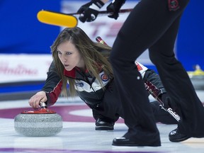 Ontario skip Rachel Homan delivers a rock as they play Northern Ontario in playoff action at the Scotties Tournament of Hearts in Sydney, N.S. on Saturday, Feb. 23, 2019.