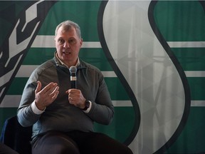 CFL commissioner Randy Ambrosie, shown speaking to Roughriders fans in February of 2018, stopped in Regina again Sunday as part of his annual tour of CFL centres.