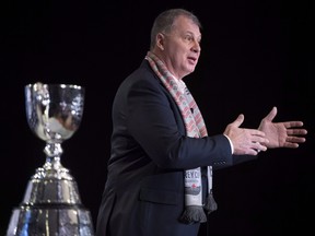 CFL Commissioner Randy Ambrosie addresses the media during the State of the League news conference at Grey Cup week in Edmonton, Friday, November 23, 2018. (THE CANADIAN PRESS/Jonathan Hayward)