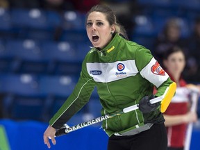 Saskatchewan skip Robyn Silvernagle reacts to her shot as they play Newfoundland and Labrador at the Scotties Tournament of Hearts in Sydney, N.S. on Tuesday, Feb. 19, 2019.