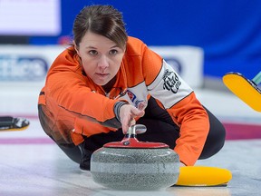 Skip Casey Scheidegger, from the Lethbridge Curling Club, releases a rock during the wild-card game against Kerri Einarson's rink from Gimli, Manitoba at the Scotties Tournament of Hearts at Centre 200 in Sydney, N.S. on Friday, Feb. 15, 2019.