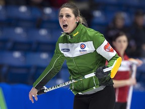 Saskatchewan skip Robyn Silvernagle reacts to her shot as they play Newfoundland and Labrador at the Scotties Tournament of Hearts at Centre 200 in Sydney, N.S. on Tuesday, Feb. 19, 2019. (THE CANADIAN PRESS/Andrew Vaughan)