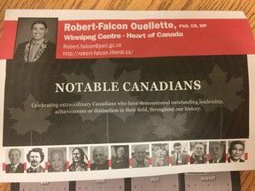 A Liberal member of Parliament is apologizing for putting out a calendar, shown in Winnipeg, Wednesday, Feb.6, 2019 that features notable Canadians - all of whom are men. Robert-Falcon Ouellette, who represents the riding of Winnipeg Centre, recently sent a calendar by mail to his constituents that profiled 12 Canadians. THE CANADIAN PRESS/Steve Lambert