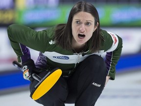 Prince Edward Island skip Suzanne Birt directs the sweep as they play the Northwest Territories at the Scotties Tournament of Hearts in Sydney, N.S. on Wednesday, Feb. 20, 2019.