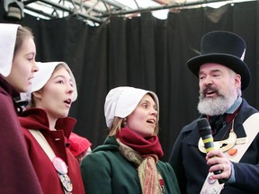 The Régnier Family, who are the Official Voyageurs (2019-2020), sing the Voyageur Song during the Closing Ceremonies of the 50th anniversary of the Festival du Voyageur on Sunday. (Left to right) Anne-Sophie, Jasmine, Liliane and Robert.