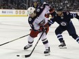 Columbus Blue Jackets forward Artemi Panarin (left).