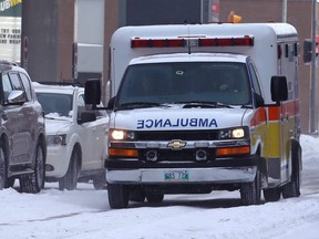 An ambulance approaches the Health Sciences Centre on William Avenue in Winnipeg on Mon., Feb. 4, 2019. Kevin King/Winnipeg Sun/Postmedia Network