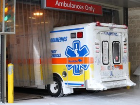 An ambulance enters its bay at the Health Sciences Centre on William Avenue in Winnipeg on Mon., Feb. 4, 2019. Kevin King/Winnipeg Sun/Postmedia Network