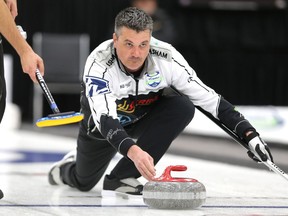 Skip William Lyburn throws during the 2019 Viterra provincial men's curling championship against Team Carruthers at Tundra Gas & Oil Place in Virden, Man., on Sun., Feb. 10, 2019. Kevin King/Winnipeg Sun/Postmedia Network