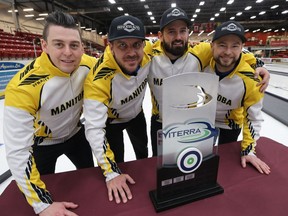 Team Carruthers Ñ lead Colin Hodgson, second Derek Samagalski, third Reid Carruthers, and skip Mike McEwen Ñ pose with the 2019 Viterra provincial men's curling championship trophy at Tundra Gas & Oil Place in Virden, Man., on Sun., Feb. 10, 2019. Kevin King/Winnipeg Sun/Postmedia Network
