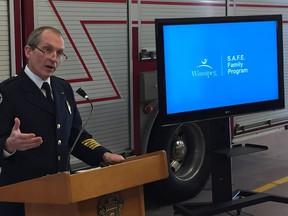 Winnipeg Fire Paramedic Service Chief John Lane at a press conference on Tuesday at WFPS Station 16 to announce the launch of the S.A.F.E. Family (Smoke Alarm for Every Family) Program, which installs smoke alarms in owner-occupied households not already equipped with a working smoke alarm. The S.A.F.E. Family Program, sponsored by Red River Mutual Insurance and the Firefighters’ Burn Fund of Manitoba, will be rolled out in phases, community by community, across Winnipeg over the next two years.