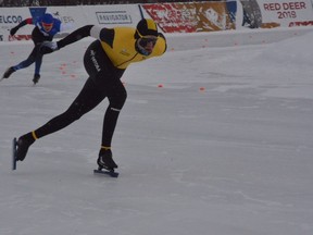 Winnipeg's Tyson Langelaar battled through the winds and cold to win Team Manitoba's first gold medal of the 2019 Canada Winter Games in Red Deer, Alta., on Saturday. Langelaar finished first in the men's long track speed skating 1,500m with a time of 1:56.12.
