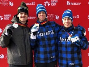 Winnipeg's Tyson Langelaar (left) won his third medal, this time a silver, at the 2019 Canada Games in men's long track speed skating 5,000m, with a final race time of 6:56.36 at the 2019 Canada Winter Games in Red Deer, Alta., on Tuesday.