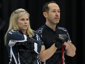 Jennifer Jones and teammate Brent Laing during the 2018 Canadian Mixed Doubles Curling Championship, at the Leduc Recreation Centre Saturday March 31, 2018. Photo by David Bloom Photos for copy in Sunday, April 1 edition.
