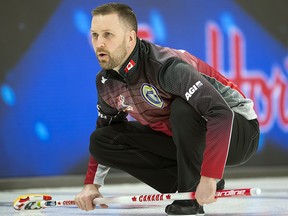 Team Canada skip Brad Gushue watches his shot against Team New Brunswick at the Brier in Brandon, Man. Tuesday, March 5, 2019. (THE CANADIAN PRESS/Jonathan Hayward)