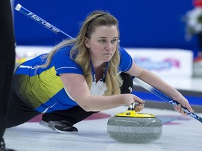 Alberta skip Chelsea Carey delivers a rock against Saskatchewan in playoff action at the Scotties Tournament of Hearts in Sydney, N.S. on Feb. 23, 2019.