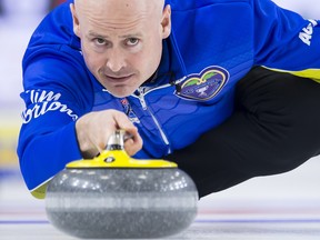 Team Alberta skip Kevin Koe makes a shot during the Page Playoff 1 vs 2 draw against team Northern Ontario at the Brier in Brandon, Man., on March 9, 2019. (THE CANADIAN PRESS/Jonathan Hayward)