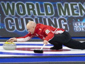 Canada skip Kevin Koe delivers a rock during a practice session at the world men's curling championship in Lethbridge on Friday, March 29, 2019.