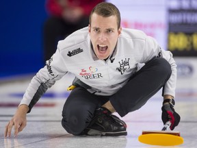 Skip Brendan Bottcher calls a shot during the wildcard game at the Brier in Brandon, Man., Friday, Mar. 1, 2019. THE CANADIAN PRESS/Jonathan Hayward ORG XMIT: JOHV103