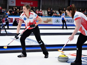 Canadian players compete in the first round match Canada vs. Korea at the LGT World Women's Curling Championship in Silkeborg, Denmark, on March 16, 2019.