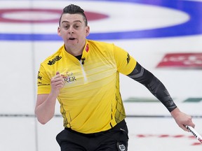 Team Manitoba lead Colin Hodgson calls a shot during the third draw against Quebec at the Brier in Brandon, Man. Sunday, March 3, 2019.
