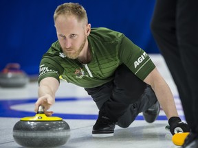 Team Northern Ontario skip Brad Jacobs makes a shot during the first draw against the wildcard team at the Brier in Brandon, Man. Saturday, March 2, 2019.