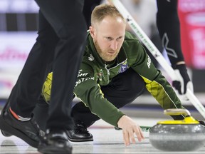 Team Northern Ontario skip Brad Jacobs makes a shot during the ninth draw against team Saskatchewan at the Brier in Brandon, Man. Tuesday, March 5, 2019. THE CANADIAN PRESS/Jonathan Hayward