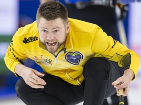 Team Manitoba skip Mike McEwen calls a shot during the 18th draw against team British Columbia at the Brier in Brandon, Man. Friday, March 8, 2019. THE CANADIAN PRESS/Jonathan Hayward