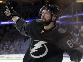 Lightning right wing Nikita Kucherov celebrates his goal against the Senators during second period NHL action in Tampa, Fla., on March 2, 2019.