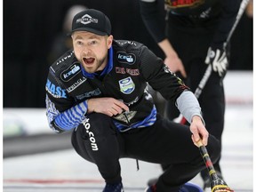 Team Carruthers skip Mike McEwen yells to his sweepers during the 2019 Viterra provincial men's curling championship at Tundra Gas & Oil Place in Virden, Man., on Sun., Feb. 10, 2019. Kevin King/Winnipeg Sun/Postmedia Network