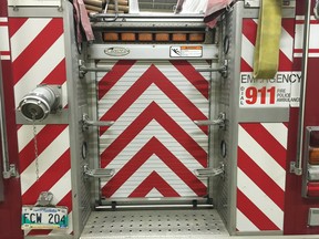 The rear of a Winnipeg Fire Paramedic Service fire engine.