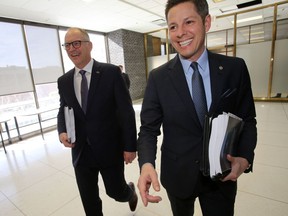 Finance Chair Scott Gillingham (left) and Winnipeg Mayor Brian Bowman arrive at a media availability regarding the budget today. Friday, February 28/2019 Winnipeg Sun/Chris Procaylo/stf