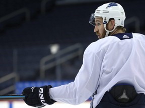 Kevin Hayes asks for help with a drill during Winnipeg Jets practice at Bell MTS Place in Winnipeg on Thurs., Feb. 28, 2019. Kevin King/Winnipeg Sun/Postmedia Network