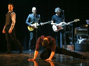 Joey Landreth (second from left) and Dave Landreth of the Landreth Bros. play as Liam Caines (left) and Ryan Vetter dance during a run-through of Next of Kin, part of Ballet & the Band, at Club Regent Event Centre in Winnipeg on Wed., March 28, 2019. Kevin King/Winnipeg Sun/Postmedia Network