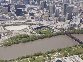 Shaw Park located in downtown Winnipeg from the air.