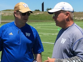Blue Bombers assistant general managers Danny McManus (right) and Ted Goveia at a tryout camp in Bradenton, Florida.
Winnipeg Sun file