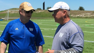 Blue Bombers assistant general managers Danny McManus (right) and Ted Goveia at a tryout camp in Bradenton, Florida Tuesday.
Ted Wyman/Winnipeg Sun/Postmedia Network