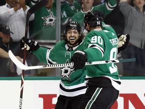 Dallas Stars' Mats Zuccarello (left) and Jason Spezza celebrate a goal earlier in the playoffs. (AP PHOTO)