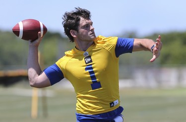 Winnipeg Blue Bombers quarterback Bryan Schor (1) drops back to pass during a team mini - camp at IMG Academy in Bradenton Florida on Wednesday, April 24, 2019.

Photo by Tom O'Neill