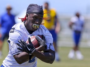 Winnipeg Blue Bombers wide receiver Lucky Whitehead (87) pulls in a pass during a team mini -camp at IMG Academy in Bradenton Florida on Wednesday, April 24, 2019.

Photo by Tom O'Neill