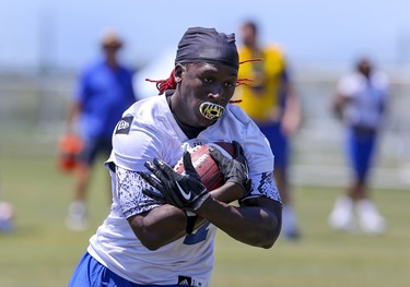 Winnipeg Blue Bombers wide receiver Lucky Whitehead (87) pulls in a pass during a team mini -camp at IMG Academy in Bradenton Florida on Wednesday, April 24, 2019.

Photo by Tom O'Neill