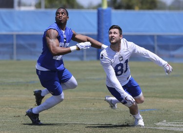 Winnipeg Blue Bombers  wide receiver Drew Morgan (81) is defended by defensive back Marcus Rios (25) during a team mini- camp at IMG Academy in Bradenton Florida on Wednesday, April 24, 2019.  Photo by Tom O'Neill
